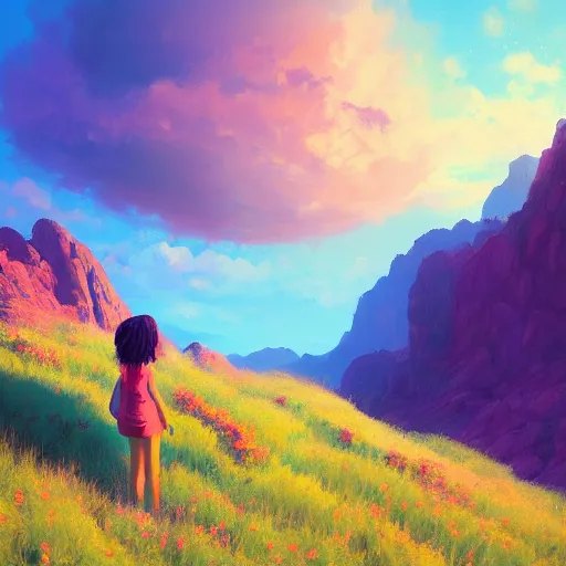 Image similar to giant carnation flower as a head, girl hiking in a canyon, surreal photography, sunrise, dramatic light, impressionist painting, colorful clouds, digital painting, artstation, simon stalenhag