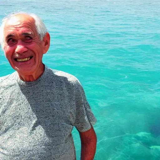 Prompt: a smiling old man standing on the sea floor