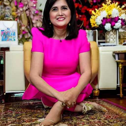 Prompt: vice-president of the Philippines, Leni Robredo, wearing pink dress, wearing a queen's crown, funko pop