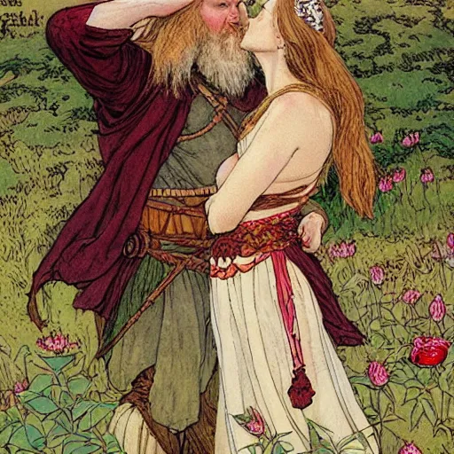 Image similar to a white skinned red bearded viking and a beautiful brown skinned indian princess kiss in a field of peonies, masterpiece, highly detailed, art by rebecca guay