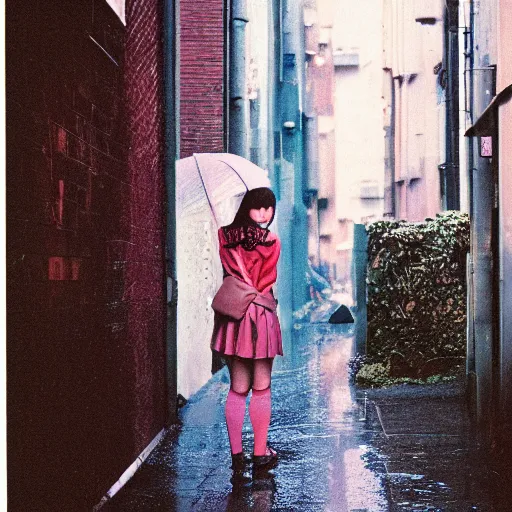 Image similar to 1990s perfect 8K HD professional cinematic photo of close-up japanese schoolgirl posing in sci-fi dystopian alleyway at morning during rain, at instagram, Behance, Adobe Lightroom, with instagram filters, depth of field, taken with polaroid kodak portra