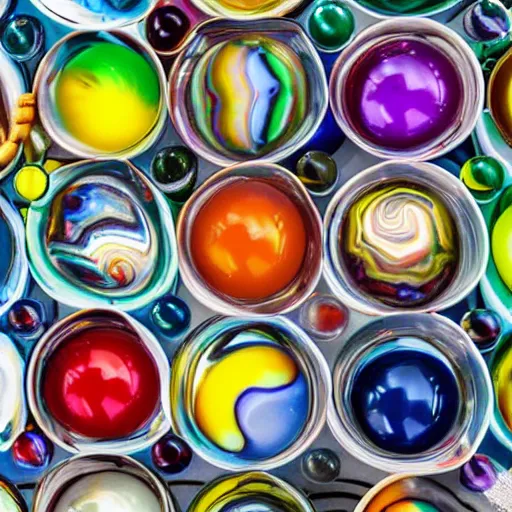 Prompt: a bowl full of coloured marbles top down view