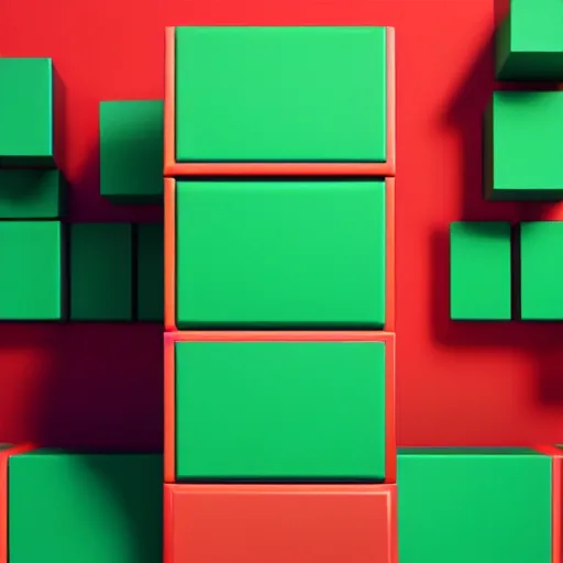 Prompt: a 3 d render of a stack of green cubes on the left and an orange ball on the right in a red room, blender, ue 5, octane render, trending on artstation
