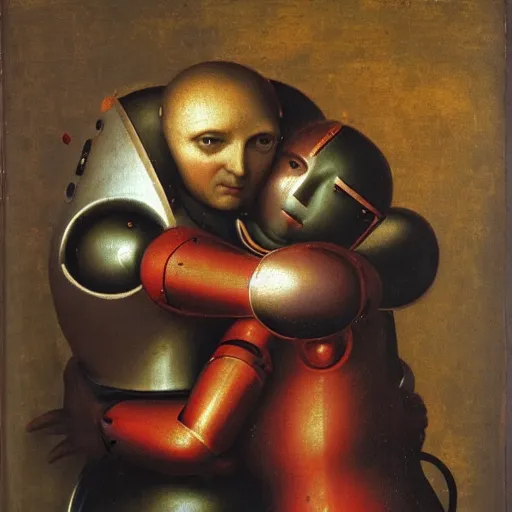 Image similar to renaissance era, oil painting of two robots hugging