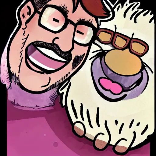 Prompt: a caricature of Markiplier laughing happily as he pets his dog.