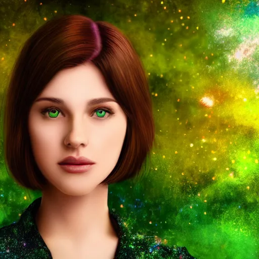 Prompt: an hd photo of a young woman with short brown hair, green eyes, beautiful trees in the background, night sky with multicolor stars and galaxies, trending on artstation
