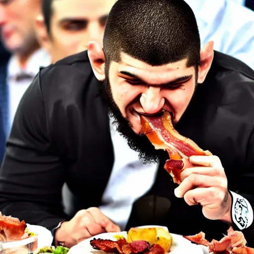 Prompt: khabib eating bacon while smiling