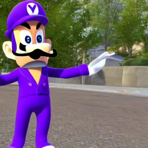 Image similar to waluigi from mario kart wearing a cat costume from peach, epic, unreal engine