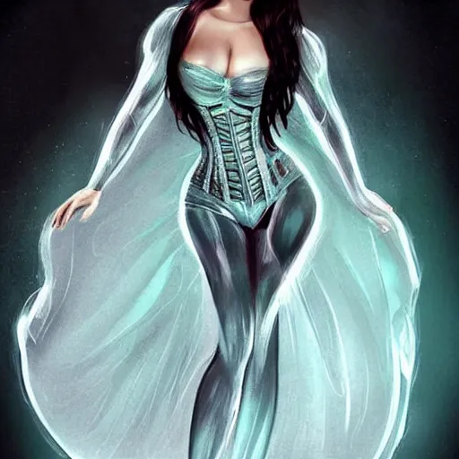 Prompt: photo of haifa wehbe wearing a translucent corset dress, fantasy, artstation, concept art