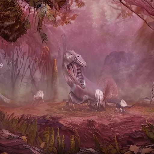 Prompt: Multiple dinosaur families walking through the ancient prehistoric terrain in the lush evergrowing overgrown humid brush detailed high quality cartoon drawing for a teenage horror movie.