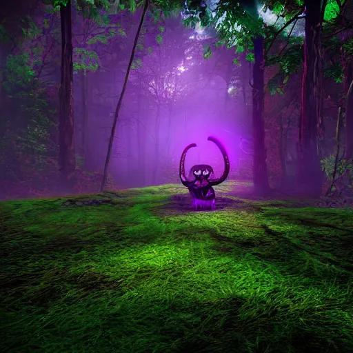 Prompt: demonic cheshire cat in a neon purple forest, horror, scary, realist, cryengine, hdr