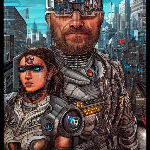 Image similar to portrait of cyborg vikings in a futuristic city by Dan Mumford and Sandra Chevrier, 4k, ultra realistic, artstation trending