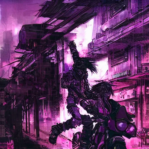 Image similar to portrait painting of a street samurai with long purple hair riding a motorcycle through a burning cyberpunk slum, glitch, concept art, intricate details, eerie, highly detailed, art by tsutomu nihei