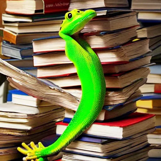 Prompt: the! geico! gecko on a table, being crushed to death by a stack of books, commercial, studio