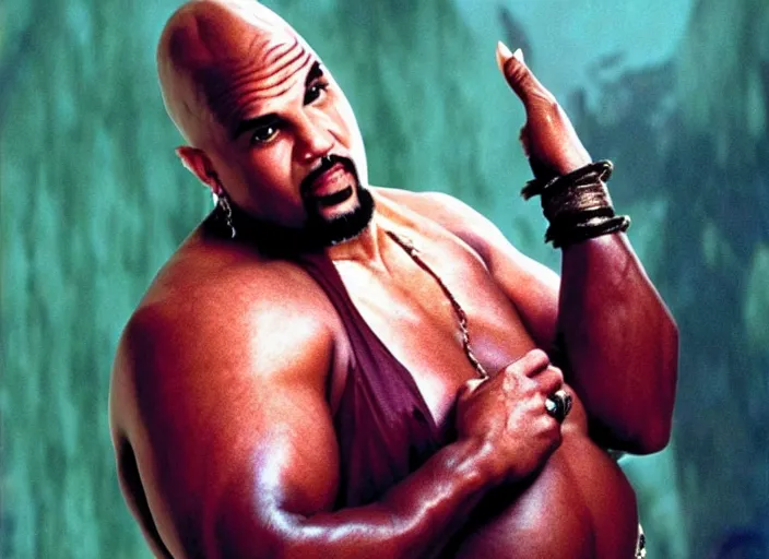 Prompt: film still of sinbad as kazaam in the movie kazaam 1 9 9 6