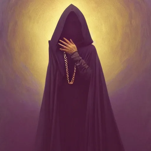 Image similar to a portrait of a young woman wearing a long dark cloak, hood and shadows covering face, holding golden chains, oil painting, matte painting, black background, Volumetric Golden dappled dynamic lighting, Highly Detailed, Cinematic Lighting, Unreal Engine, 8k, HD, by Beksinski