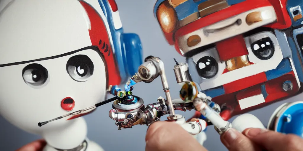 Image similar to closeup portrait of tin toy retro robot painter painting with gouache on white paper, in an artist workshop, depth of field, zeiss lens, detailed, centered, fashion photoshoot, by nicoletta ceccoli, mark ryden, lostfish, breathtaking, 8 k resolution, extremely detailed, beautiful, establishing shot, artistic, hyperrealistic, octane render