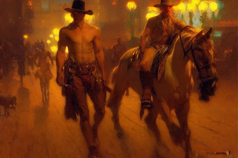 Image similar to western, night, neon light, painting by gaston bussiere, craig mullins, j. c. leyendecker