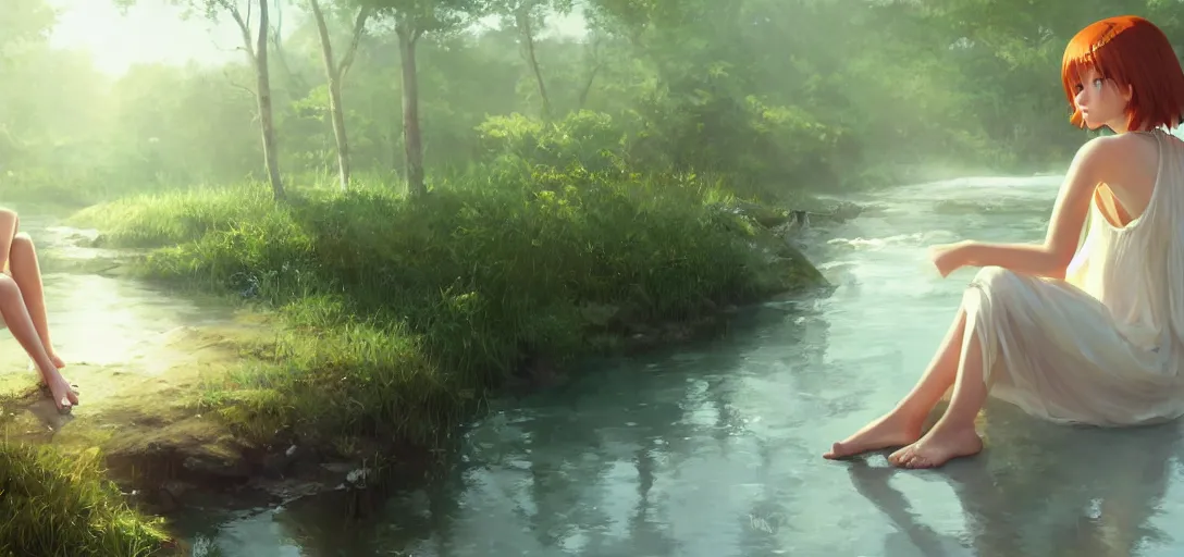 Image similar to southern ginger woman in simple cream dress sitting beside a river, airbrushed, hazy, gentle, soft lighting, wojtek fus, by makoto shinkai and ilya kuvshinov,