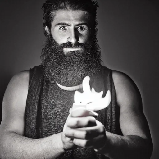 Image similar to award winning cinematic still portrait of intense 27 year old Mediterranean skinned man in Ancient Canaanite tunic, holding a flaming torch, beard, short hair, Nighttime. action, violence, Biblical epic directed by Steven Spielberg