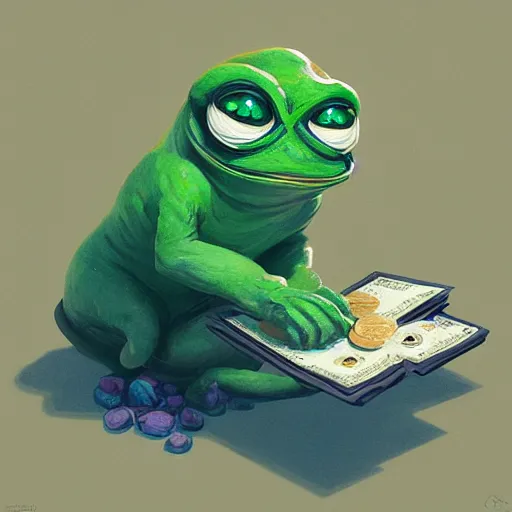 Image similar to super rich happy pepe, luxury, treasury, coins, money, hyper detalied, blue crystals, greg rutkowski, artstation