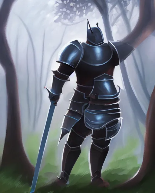 Prompt: concept art of a thicc knight, wearing heavy medival knight armor, holding a long sword, walking through a foggy oak forest | | epic - fine - clean, polished, trending on artstation, brush strokes