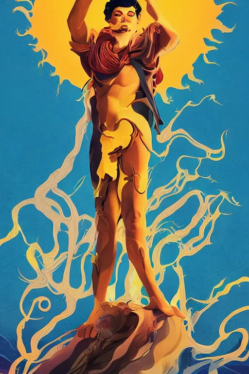 Image similar to anthropomorphic Sun-God, movie poster, dramatic, by Sachin Teng + Karol Bak + Rolf Armstrong