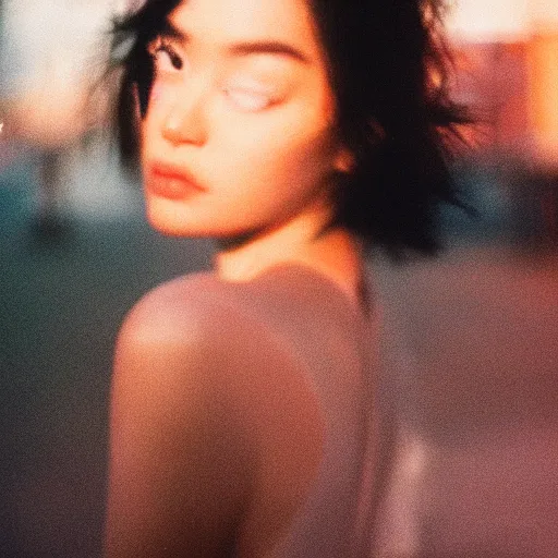 Image similar to a close-up of a gorgeous woman’s face looking at the camera with a mix of desperation and awe, soft blurred city background, captured in low light and soft focus, cinestill 800t