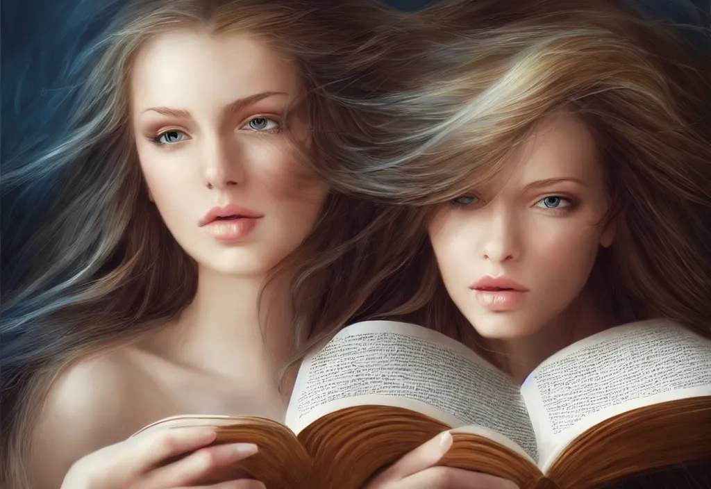 Image similar to a girl reading a book, hair flowing down, 8 k, hyperrealistic, hyperdetailed, fantasy portrait by laura sava, singular woman