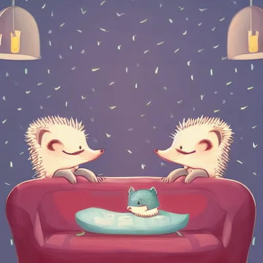 Image similar to two cute adorable hedgehogs, sitting together on a couch, romantic, shy hedgehog, blushing, waving, smiling, cute, hedgehog, by cyril rolando