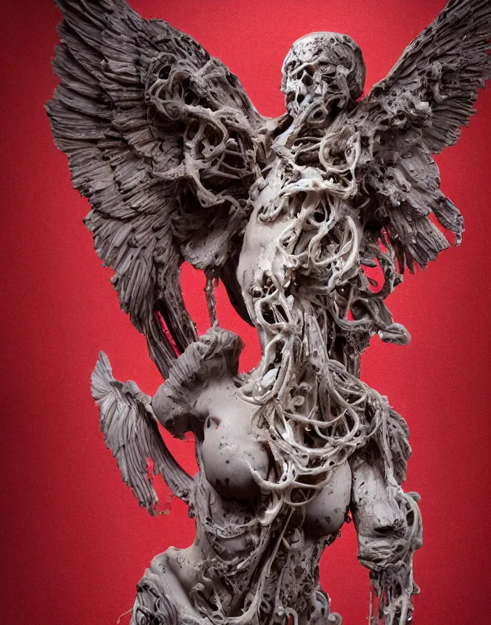 Prompt: biomechanical wear of a falling man in the form of a Greek sculpture Winged Victory of Samothrace with wings and skulls. red plastic and bubbling red wax. baroque elements, human skull, jellyfish, butterfly, phoenix head. burning water. intricate artwork. halo. octane render, cinematic, hyper realism, octane render, 8k, depth of field, bokeh. iridescent accents. vibrant. teal and gold and red colour scheme