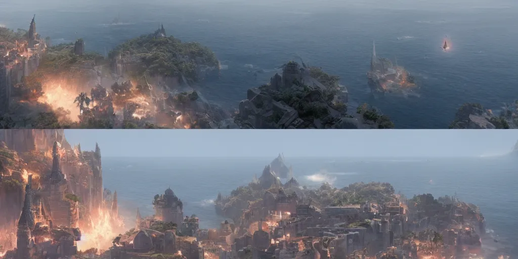 Image similar to establishing shot from a movie, epic matte painting of an island, cinematic cinematography masterpiece, greg rutkowski, and ivan aivazovski, roger deakins