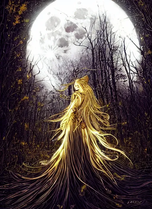 Image similar to glowing silver and golden elements, portrait, A beautiful dark witch in front of the full big moon, book cover, green forest, red white black colors, establishing shot, extremly high detail, foto realistic, cinematic lighting, pen and ink, intricate line drawings, by Yoshitaka Amano, Ruan Jia, Kentaro Miura, Artgerm, post processed, concept art, artstation, matte painting, style by eddie, raphael lacoste, alex ross