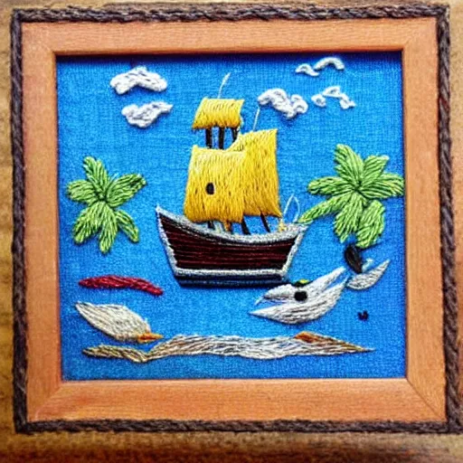 Image similar to a tiny beautiful handmade embroidery of a pirate ship on the ocean. hand embroidery.