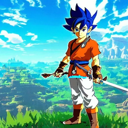 Prompt: a screencap of the legend of zelda breath of the wild, of goku in breath of the wild