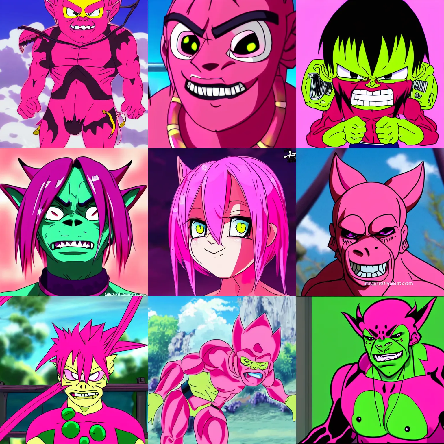 Prompt: bright pink anime orc | cute | friendly | 4 kids dub