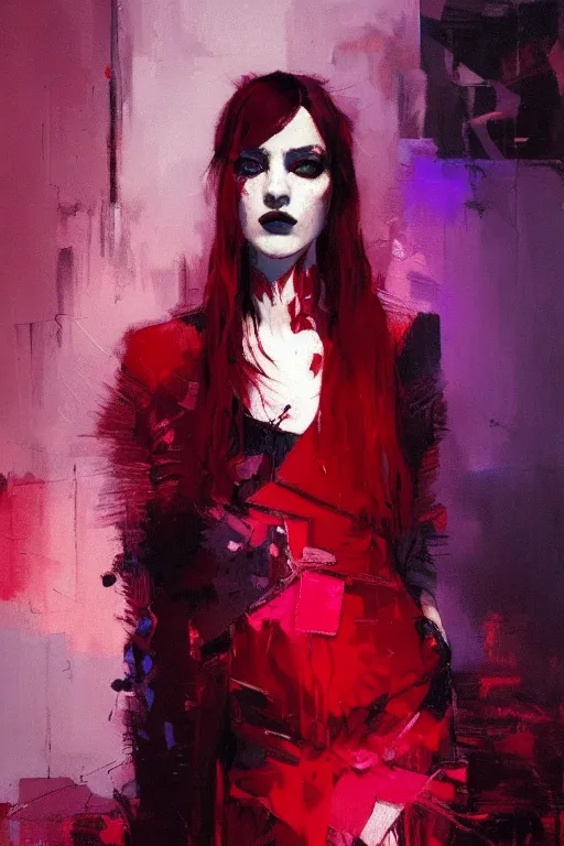 Prompt: portrait of a beautiful goth girl, shades of red and purple, beautiful face, rule of thirds, intricate outfit, spotlight, by greg rutkowski, by jeremy mann, by francoise nielly, by van gogh, digital painting