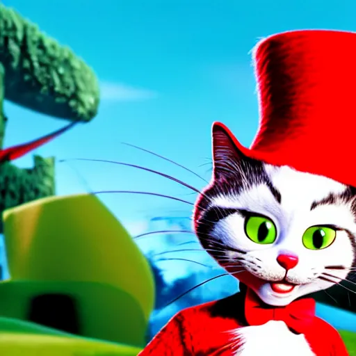 Image similar to jim carry as cat in the hat from the movie cat in the hat. still from movie, 4 k,