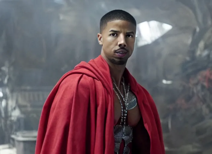 Image similar to film still of michael b jordan as spawn in the new spawn movie, giant chains, large cape, 8 k