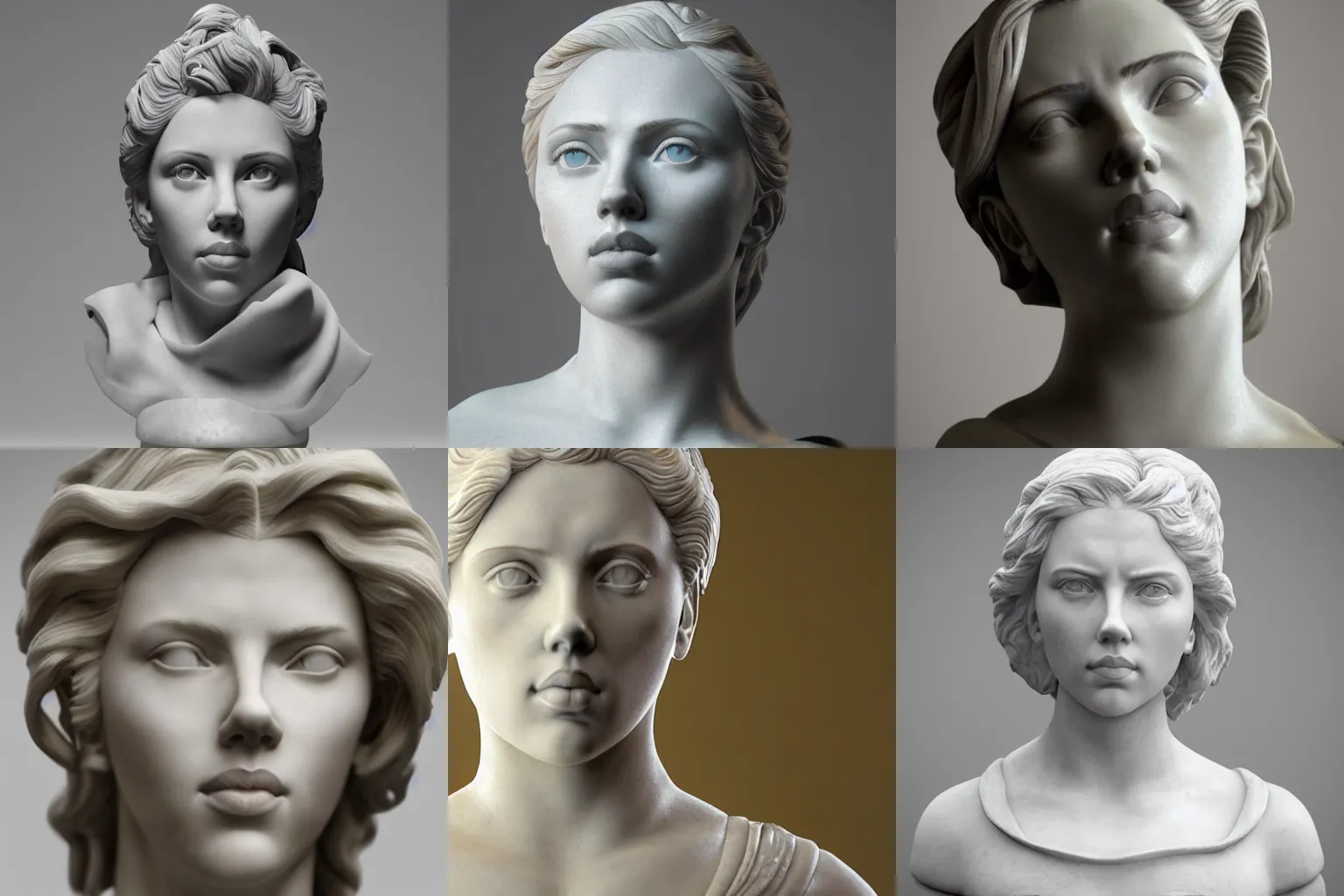 Image similar to a marble bust of actress Scarlett Johansson, made of Carrara marble, extremely detailed, 8K render, unreal engine, octane render, intricate, CGI, cgsociety, photograph, single subject, medium shot, shallow depth of field, by Gian Lorenzo Bernini