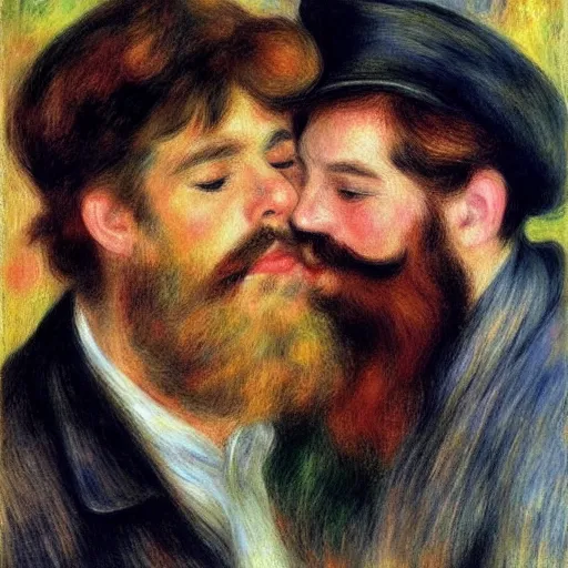 Image similar to art by renoir, bearded man kissing bearded man