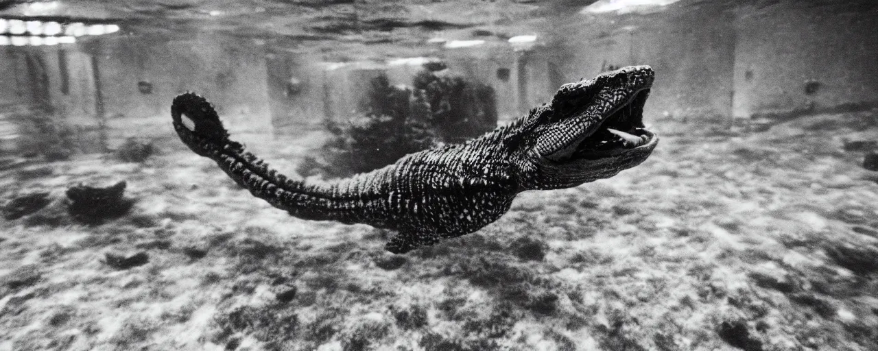 Image similar to an ultra wide colour 3 5 mm film photo of a terrifying reptile humanoid creature, lurking underwater in a public swimming pool, liminal spaces, ritual occult gathering, film grain