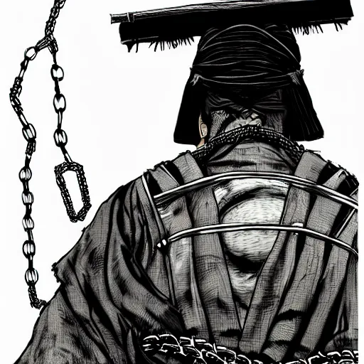 Image similar to A PORTRAIT FROM BEHIND OF A SAMURAI MAN VAGABOND WITH A MOON BEHIND HIM ,THE SAMURAI IS WRAPPED IN CHAINS ,detailed, concept art, ink style , sketch