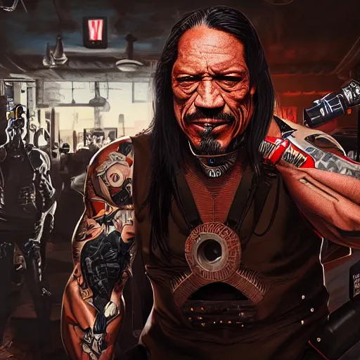 Prompt: cyborg ninja danny trejo conquering the pub, sharp lines, detailed, 4 k, realistic, cyberpunk style