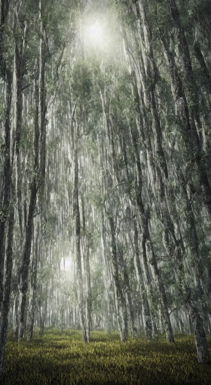 Image similar to an alchemical still made from distilling a big eucalyptus forest , octane ,