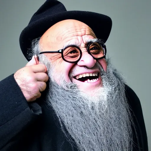 Prompt: danny devito as an old druid wizard, bald, bushy grey eyebrows, long grey hair, disheveled, wise old man, wearing a grey wizard hat, wearing a purple detailed coat, a bushy grey beard, sorcerer, he is a mad old man, laughing and yelling