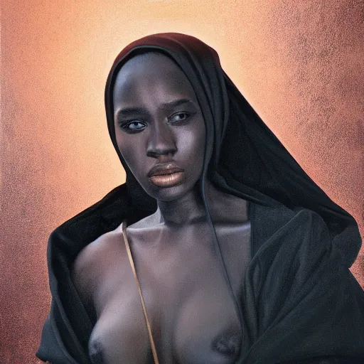 Prompt: a portrait of a young black woman wearing a long dark cloak, hood and shadows covering face, holding golden chains, oil painting, matte painting, black background, Volumetric Golden dappled dynamic lighting, Highly Detailed, Cinematic Lighting, Unreal Engine, 8k, HD, by Beksinski