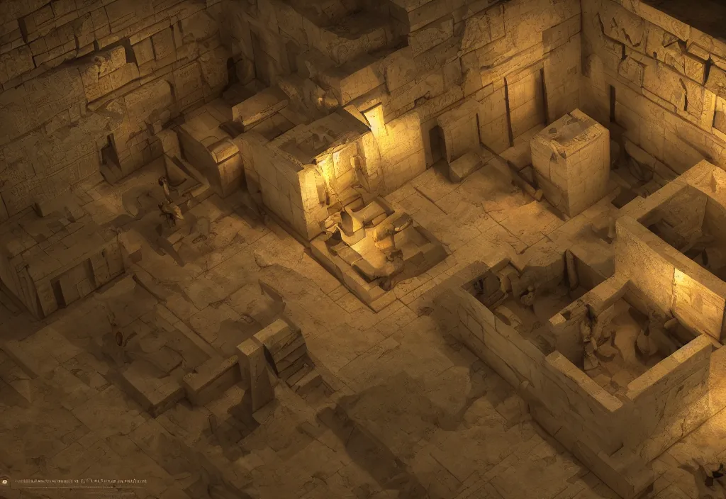 Prompt: 3 d ancient egyptian tomb isometric rts style game map, torch light, dynamic lighting, sharp focus, artstation hq, 8 k, intricate, subsurface scattering, ray tracing, vivid colors, octane render