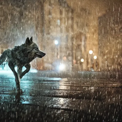 Prompt: an anthropomorphic male wolf running in the streets, night, rain, cinematic, photograph, volumetric lighting, f 8 aperture, cinematic eastman 5 3 8 4 film, photorealistic