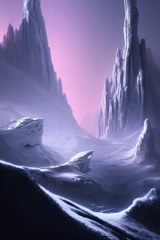 Image similar to futuristic atmosphere in the snowy mountains dolomites 3 d concept art, cinematic lighting, pastel pink sunset, rule of thirds, depth of field, intricate details, building by zaha hadid, stormy weather, emissary space by arthur haas and bruce pennington and john schoenherr, cinematic matte painting, dark moody monochrome colors, trending on artstation, featured on behance